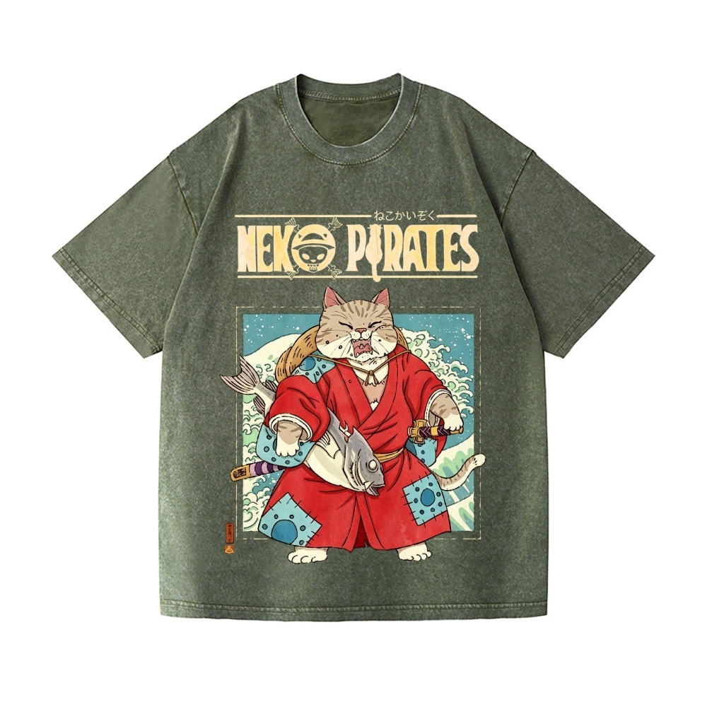 Neko Pirates Vintage Wash Japanese Design T-Shirt