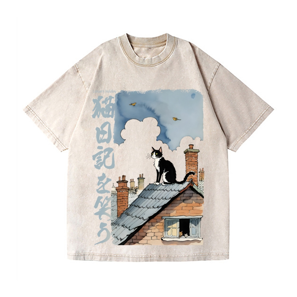 Cat Vintage Wash Japanese Design T-Shirt