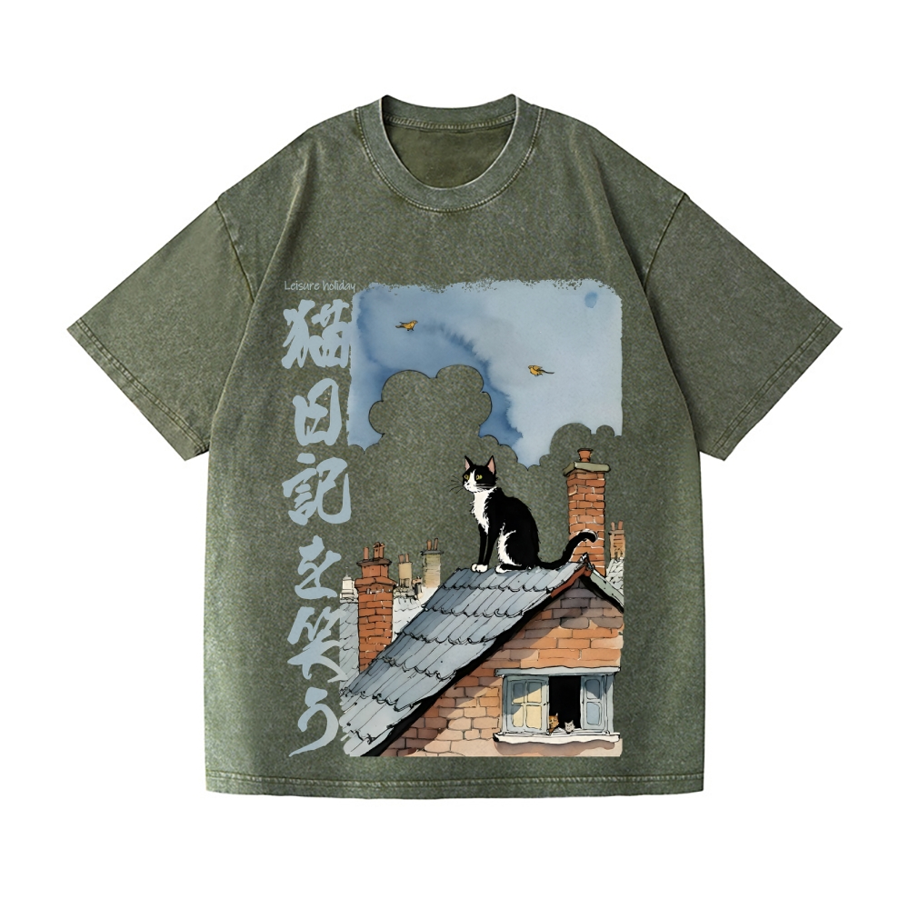 Cat Vintage Wash Japanese Design T-Shirt