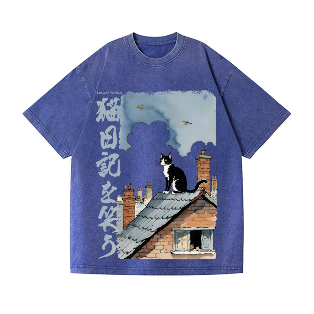 Cat Vintage Wash Japanese Design T-Shirt