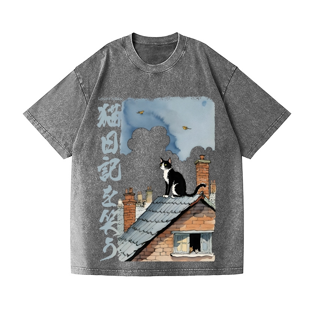 Cat Vintage Wash Japanese Design T-Shirt