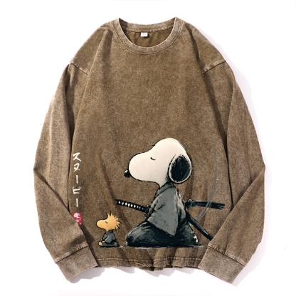 Samurai Style Peanuts Vintage Cotton Wash Crewneck Long-Sleeve T-Shirt
