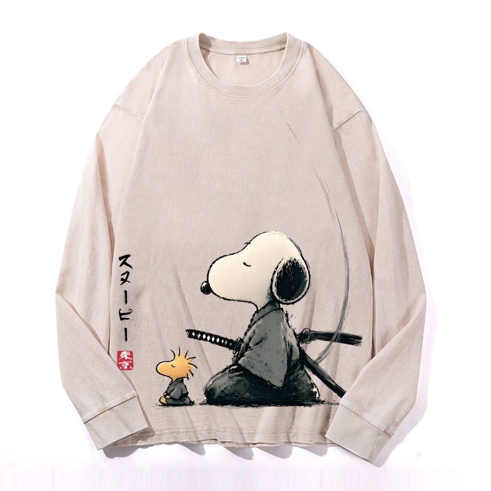Samurai Style Peanuts Vintage Cotton Wash Crewneck Long-Sleeve T-Shirt