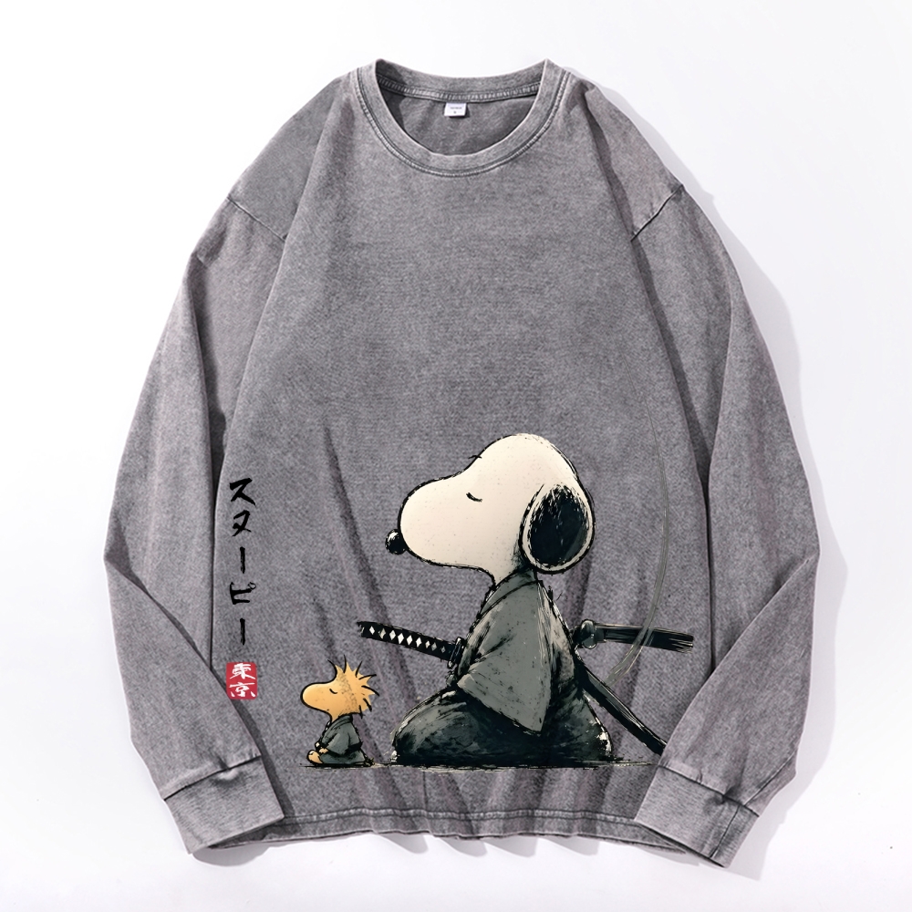 Samurai Style Peanuts Vintage Cotton Wash Crewneck Long-Sleeve T-Shirt