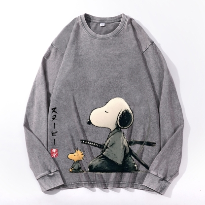 Samurai Style Peanuts Vintage Cotton Wash Crewneck Long-Sleeve T-Shirt