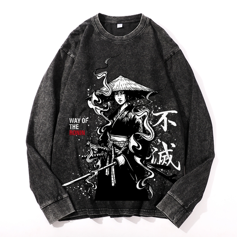 Samurai Style Vintage Cotton Wash Crewneck Long-Sleeve T-Shirt