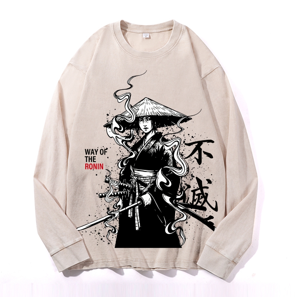 Samurai Style Vintage Cotton Wash Crewneck Long-Sleeve T-Shirt