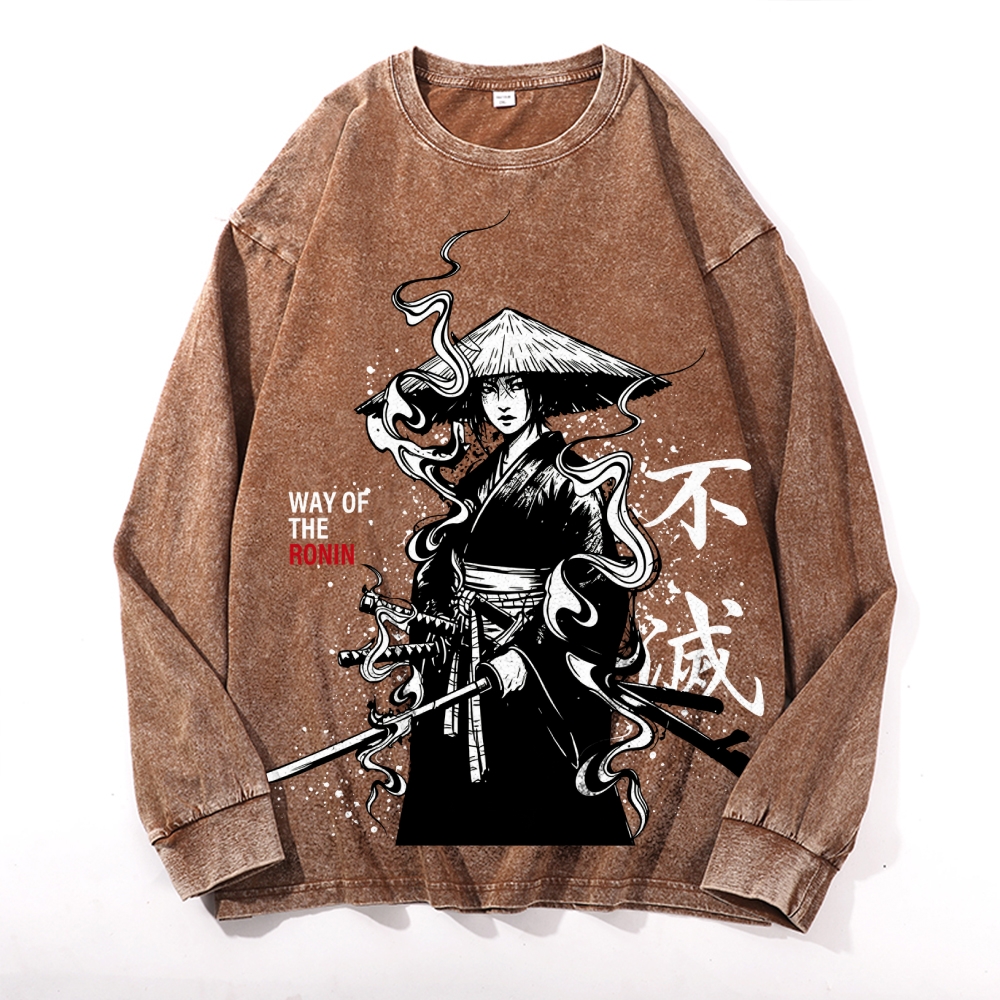 Samurai Style Vintage Cotton Wash Crewneck Long-Sleeve T-Shirt