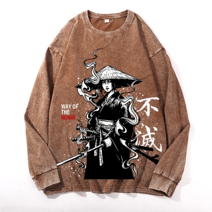 Samurai Style Vintage Cotton Wash Crewneck Long-Sleeve T-Shirt