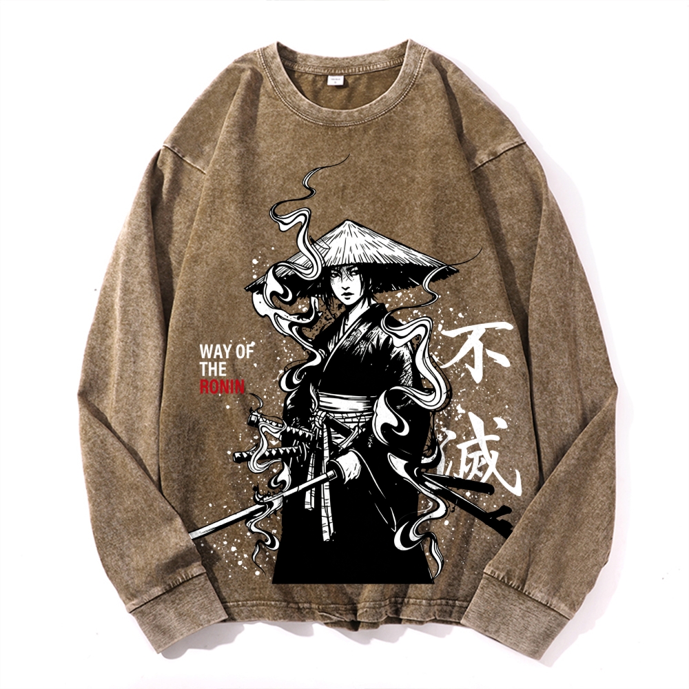 Samurai Style Vintage Cotton Wash Crewneck Long-Sleeve T-Shirt