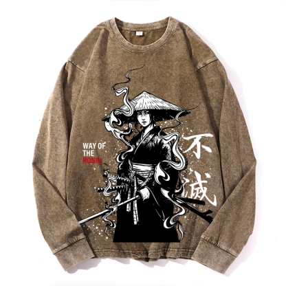 Samurai Style Vintage Cotton Wash Crewneck Long-Sleeve T-Shirt