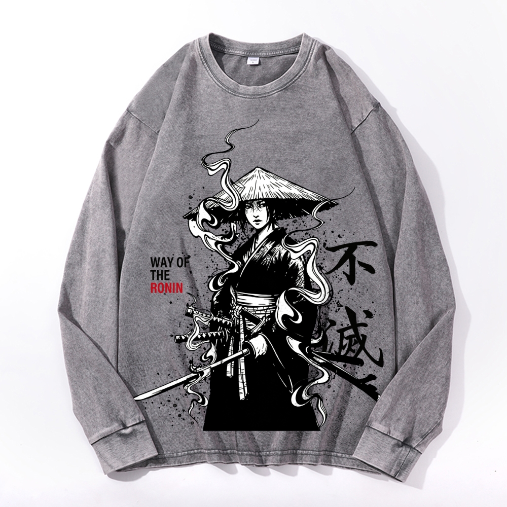 Samurai Style Vintage Cotton Wash Crewneck Long-Sleeve T-Shirt