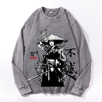 Samurai Style Vintage Cotton Wash Crewneck Long-Sleeve T-Shirt