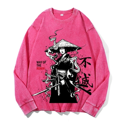 Samurai Style Vintage Cotton Wash Crewneck Long-Sleeve T-Shirt