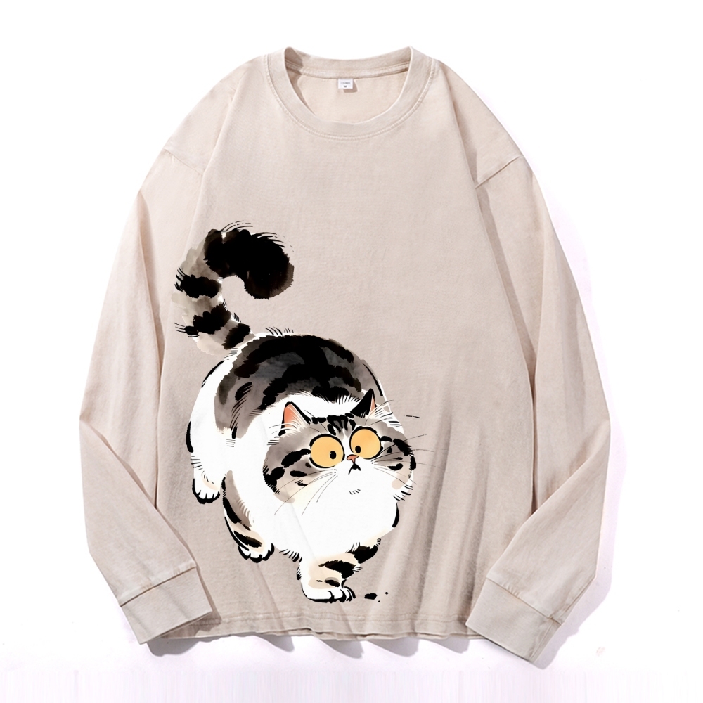 Cute Cat Vintage Cotton Wash Crewneck Long-Sleeve T-Shirt