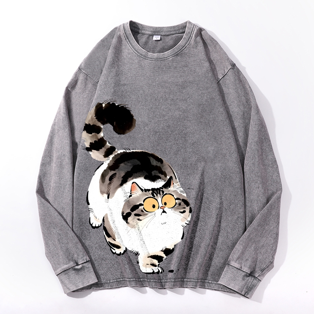 Cute Cat Vintage Cotton Wash Crewneck Long-Sleeve T-Shirt