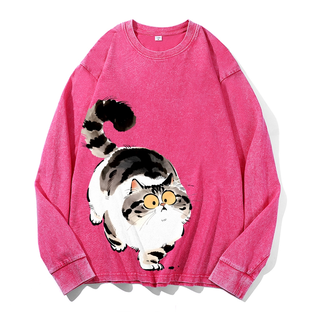 Cute Cat Vintage Cotton Wash Crewneck Long-Sleeve T-Shirt