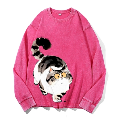 Cute Cat Vintage Cotton Wash Crewneck Long-Sleeve T-Shirt