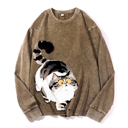 Cute Cat Vintage Cotton Wash Crewneck Long-Sleeve T-Shirt