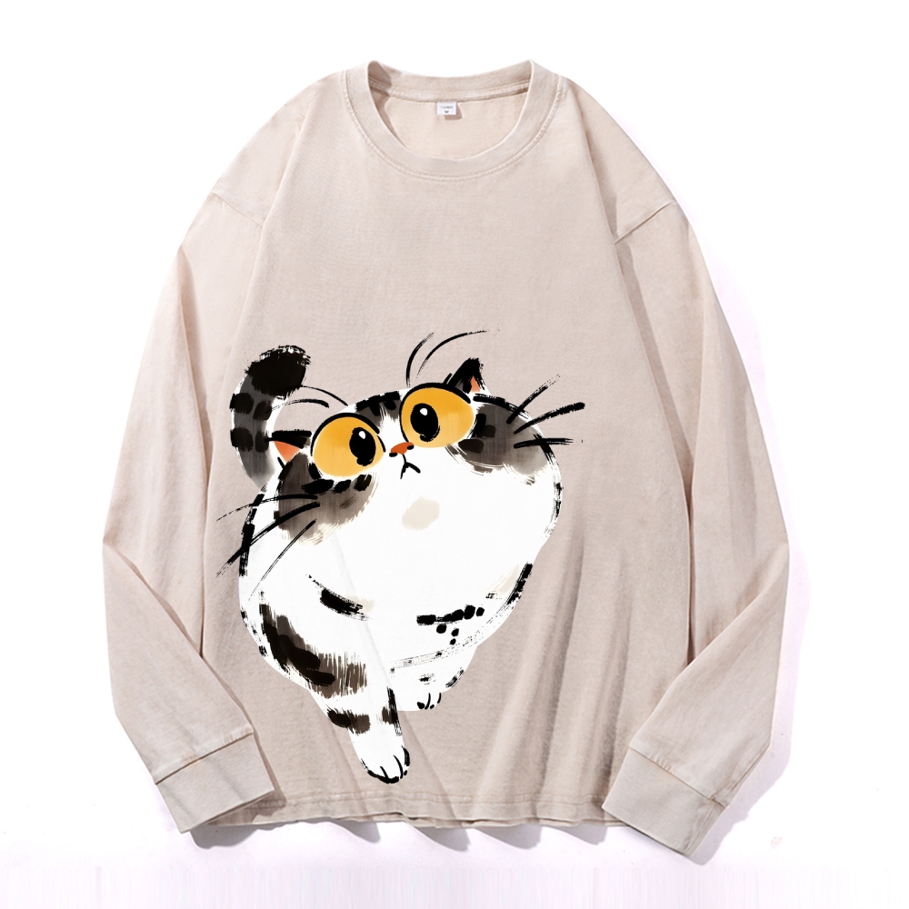 Cute Cat Vintage Cotton Wash Crewneck Long-Sleeve T-Shirt