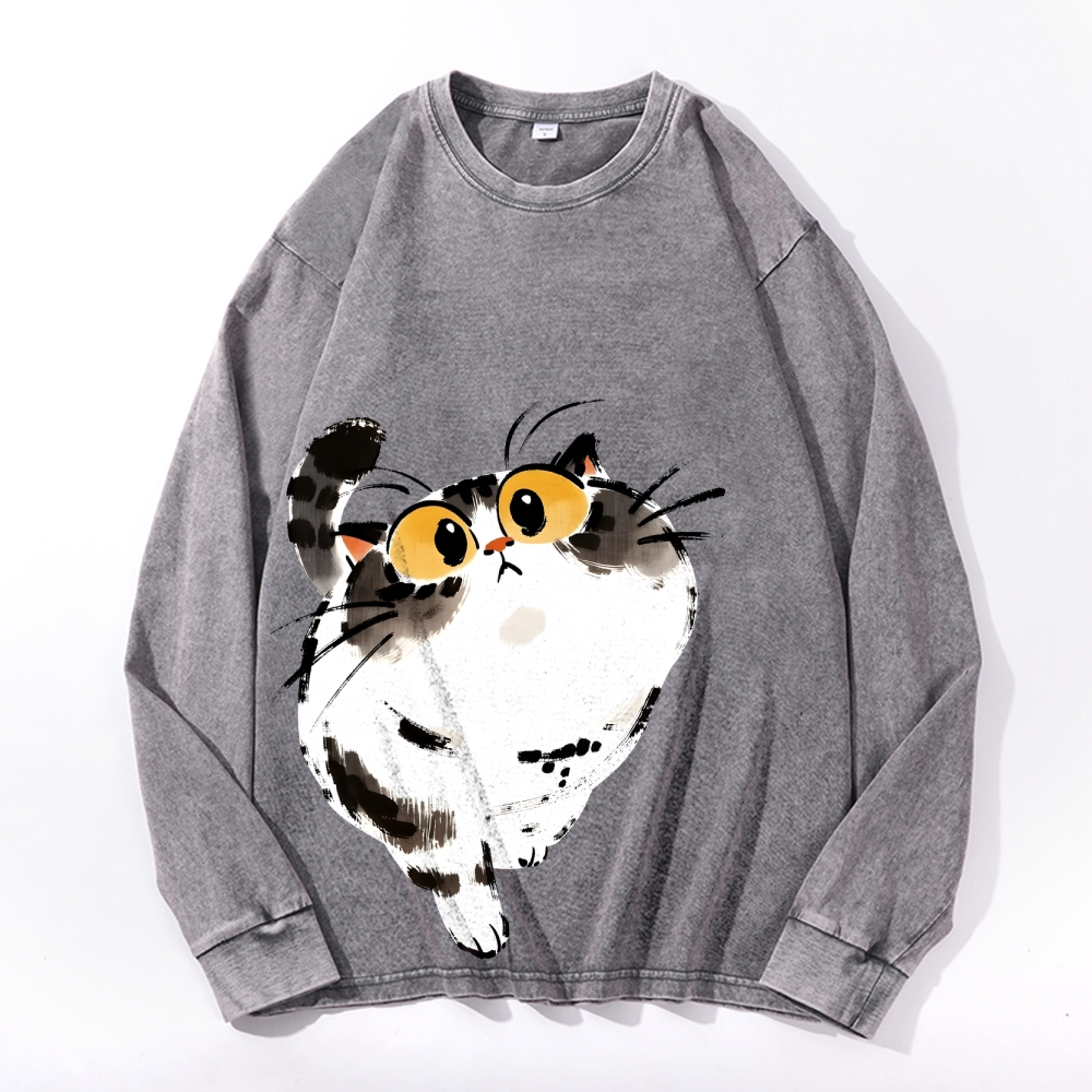 Cute Cat Vintage Cotton Wash Crewneck Long-Sleeve T-Shirt