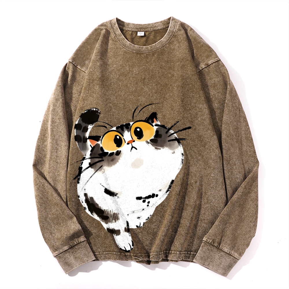 Cute Cat Vintage Cotton Wash Crewneck Long-Sleeve T-Shirt