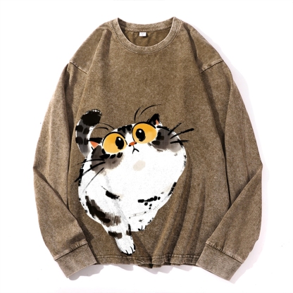 Cute Cat Vintage Cotton Wash Crewneck Long-Sleeve T-Shirt
