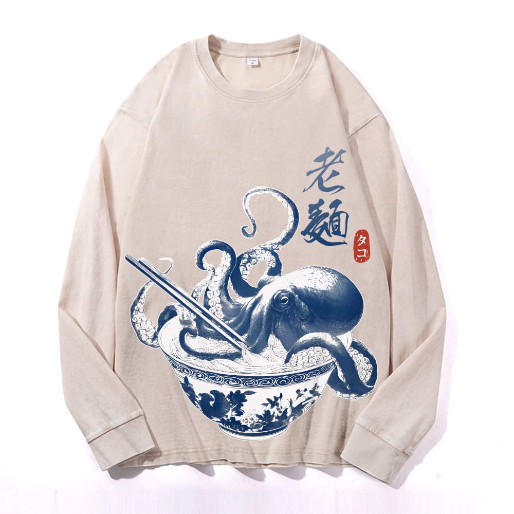 Octopus Ramen Vintage Cotton Wash Crewneck Long-Sleeve T-Shirt