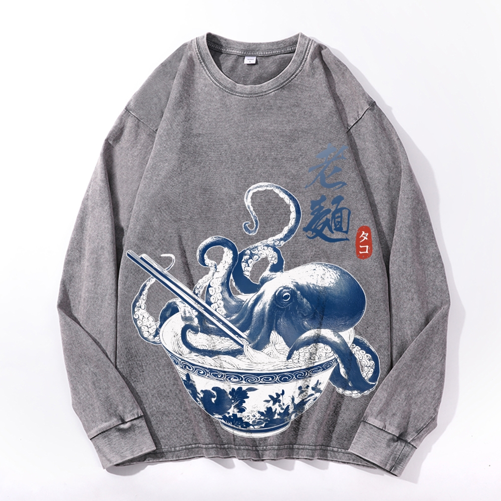 Octopus Ramen Vintage Cotton Wash Crewneck Long-Sleeve T-Shirt