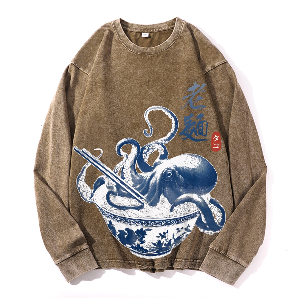 Octopus Ramen Vintage Cotton Wash Crewneck Long-Sleeve T-Shirt