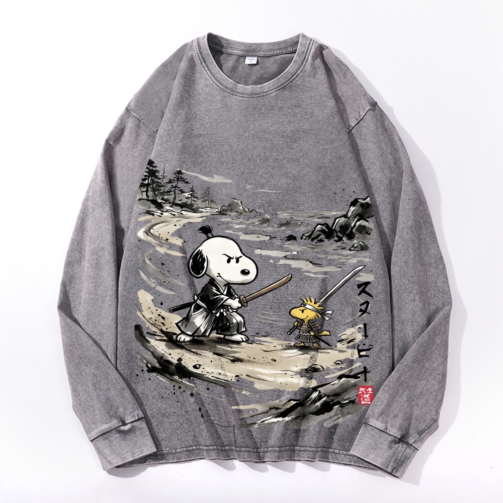 Samurai Style Peanuts Vintage Cotton Wash Crewneck Long-Sleeve T-Shirt