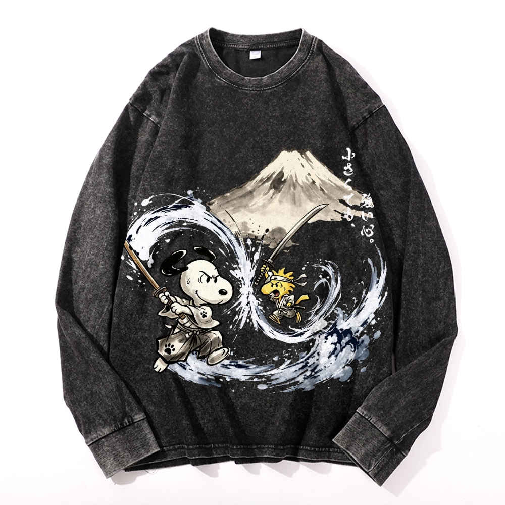Samurai Style Peanuts Vintage Cotton Wash Crewneck Long-Sleeve T-Shirt
