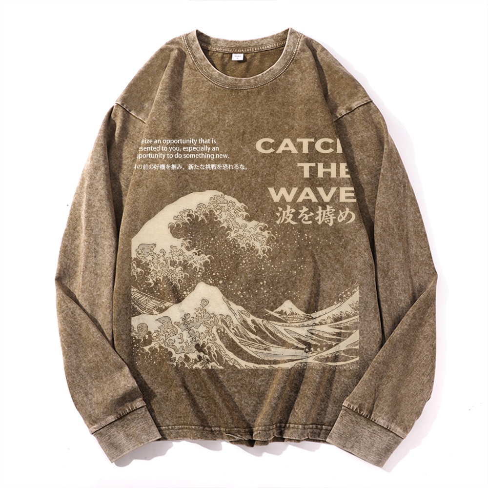 Ukiyoe Wave Vintage Cotton Wash Crewneck Long-Sleeve T-Shirt