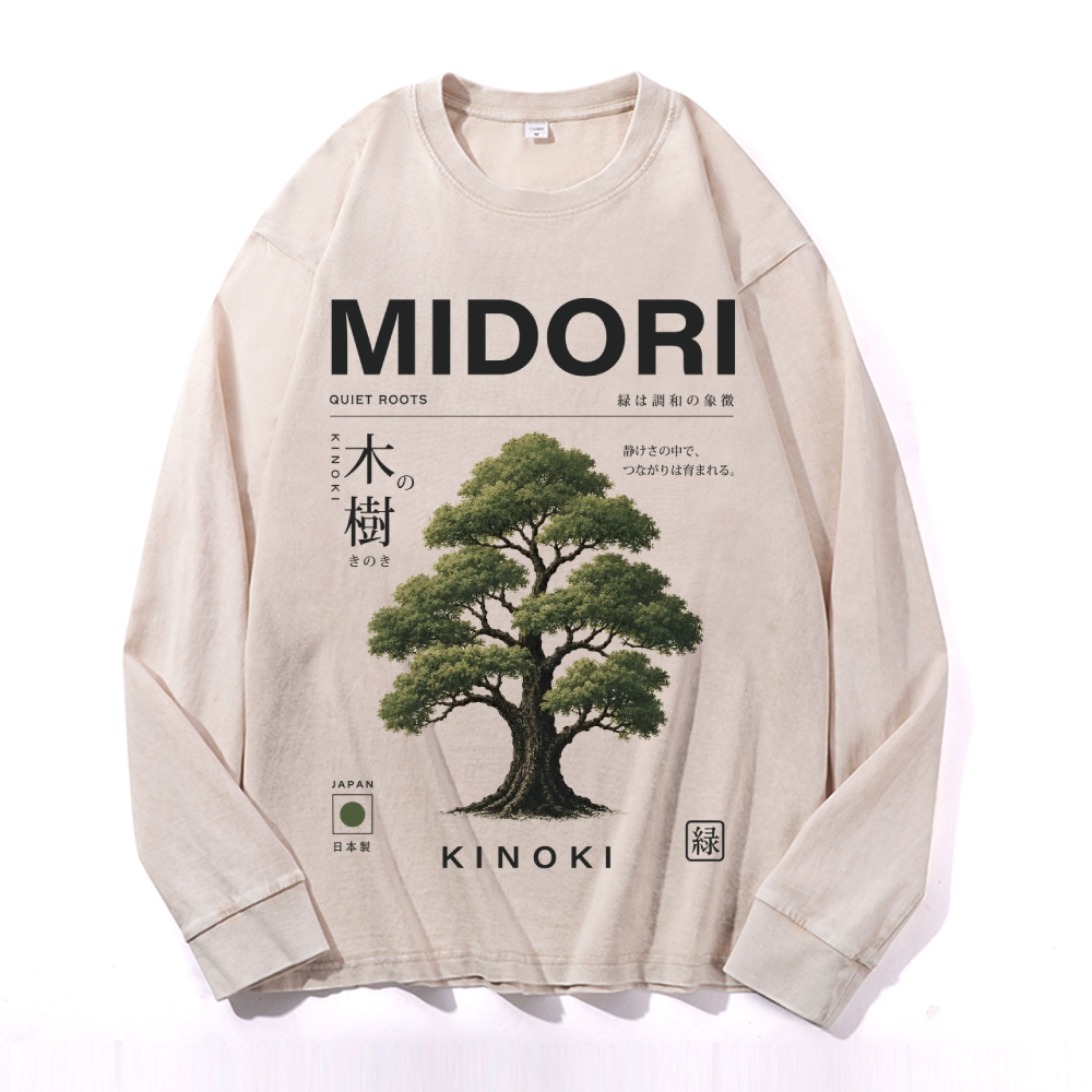 Midori Kinoki Vintage Cotton Wash Crewneck Long-Sleeve T-Shirt