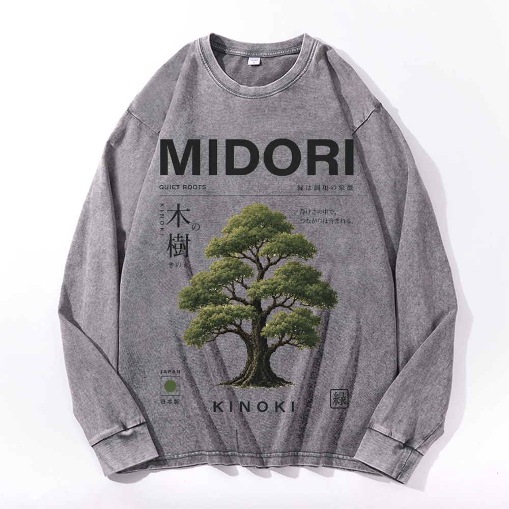 Midori Kinoki Vintage Cotton Wash Crewneck Long-Sleeve T-Shirt