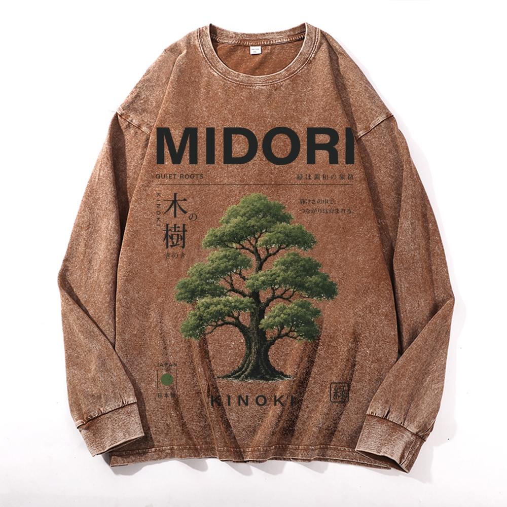 Midori Kinoki Vintage Cotton Wash Crewneck Long-Sleeve T-Shirt