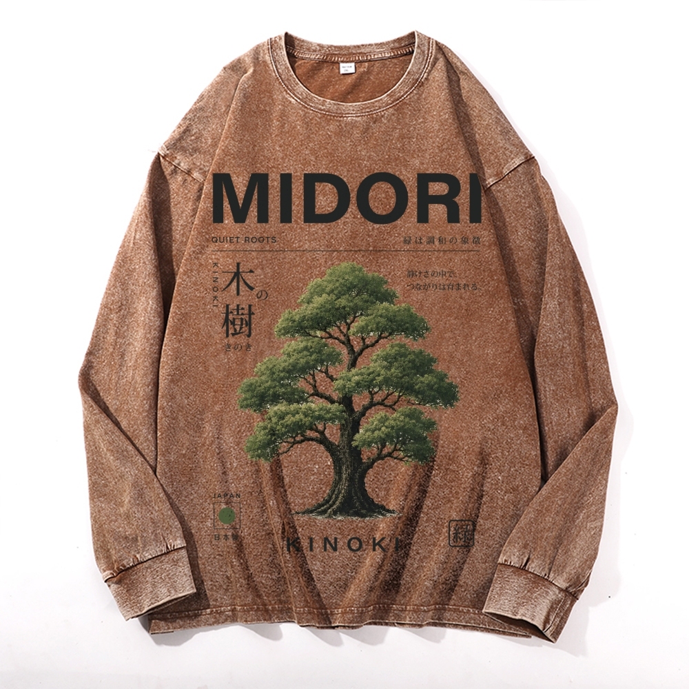 Midori Kinoki Vintage Cotton Wash Crewneck Long-Sleeve T-Shirt