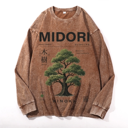 Midori Kinoki Vintage Cotton Wash Crewneck Long-Sleeve T-Shirt