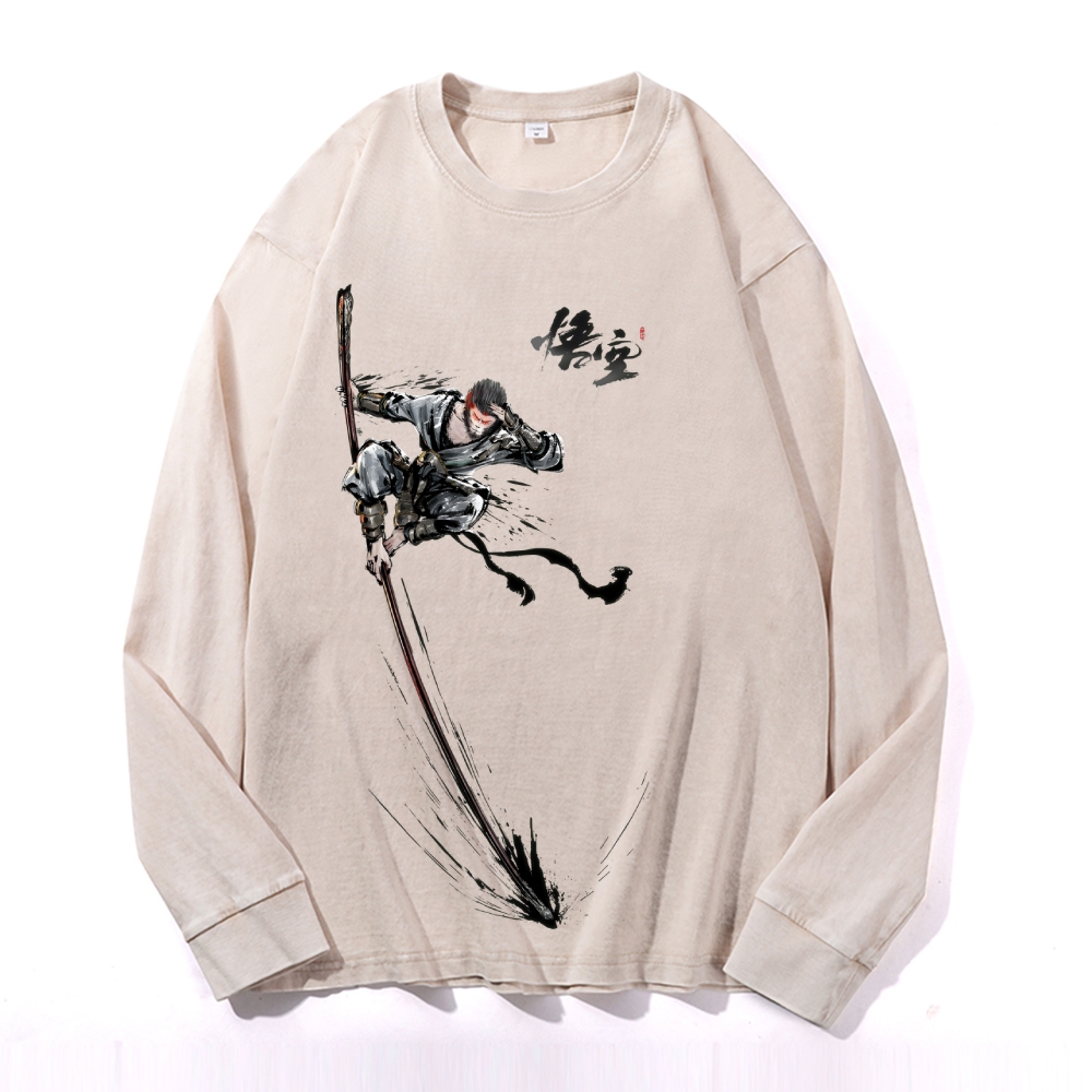 Samurai Sun Wukon Vintage Cotton Wash Crewneck Long-Sleeve T-Shirt