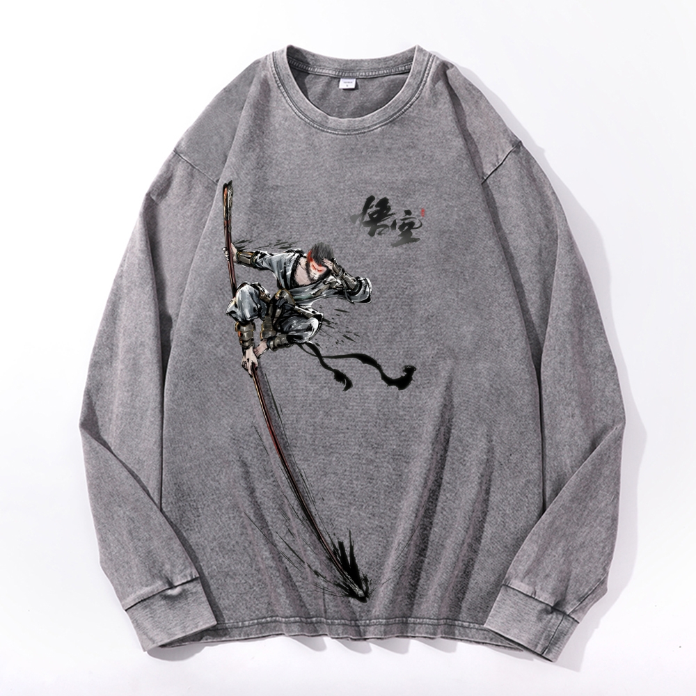 Samurai Sun Wukon Vintage Cotton Wash Crewneck Long-Sleeve T-Shirt