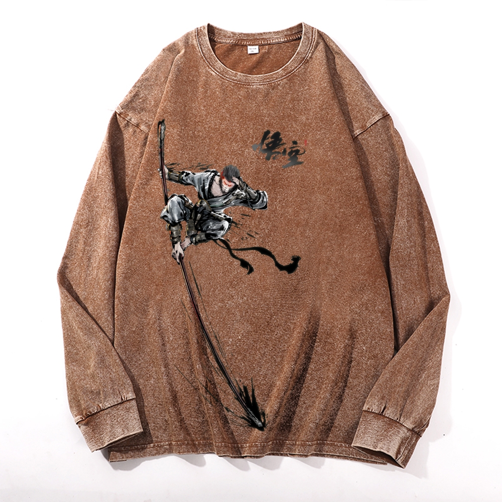 Samurai Sun Wukon Vintage Cotton Wash Crewneck Long-Sleeve T-Shirt