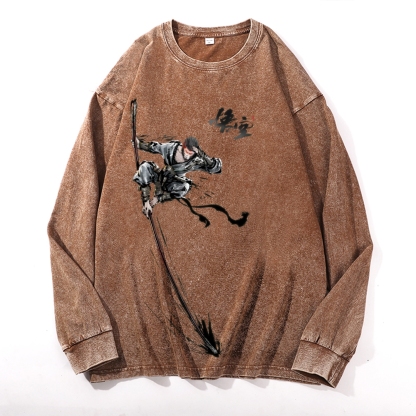 Samurai Sun Wukon Vintage Cotton Wash Crewneck Long-Sleeve T-Shirt