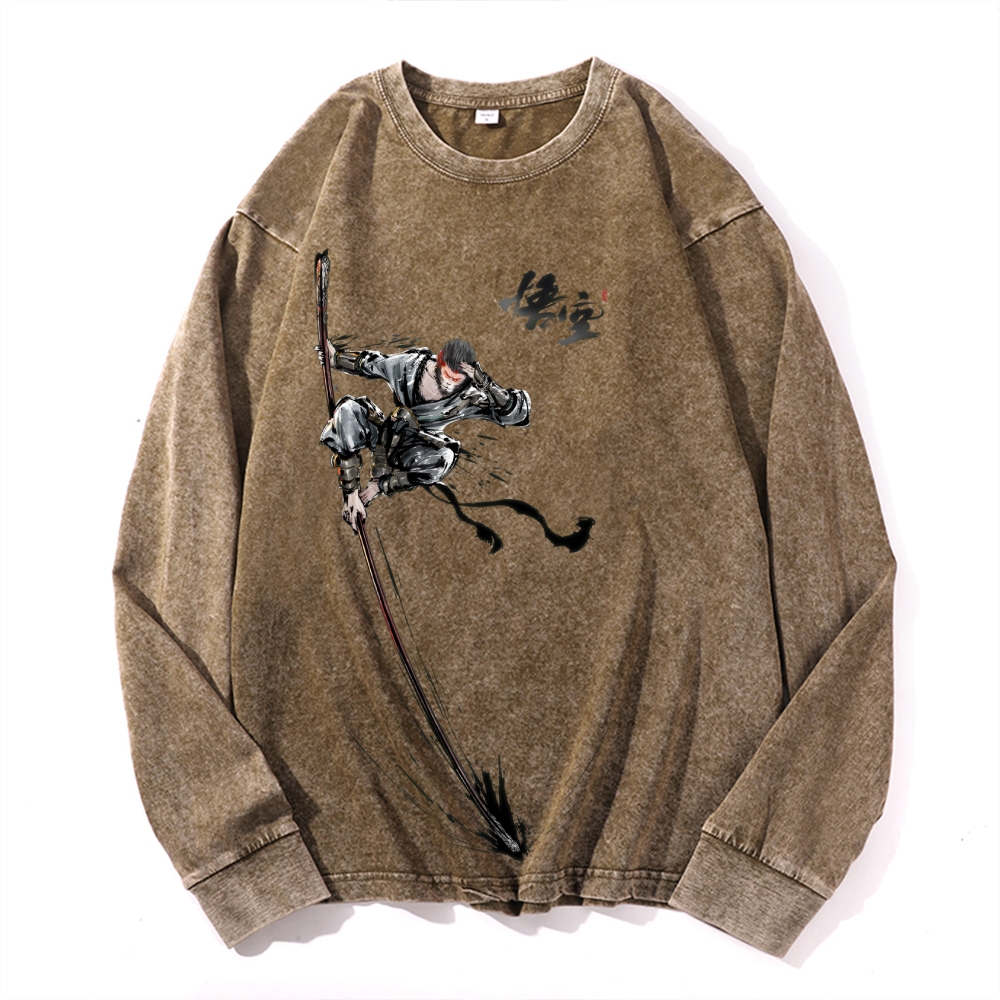 Samurai Sun Wukon Vintage Cotton Wash Crewneck Long-Sleeve T-Shirt