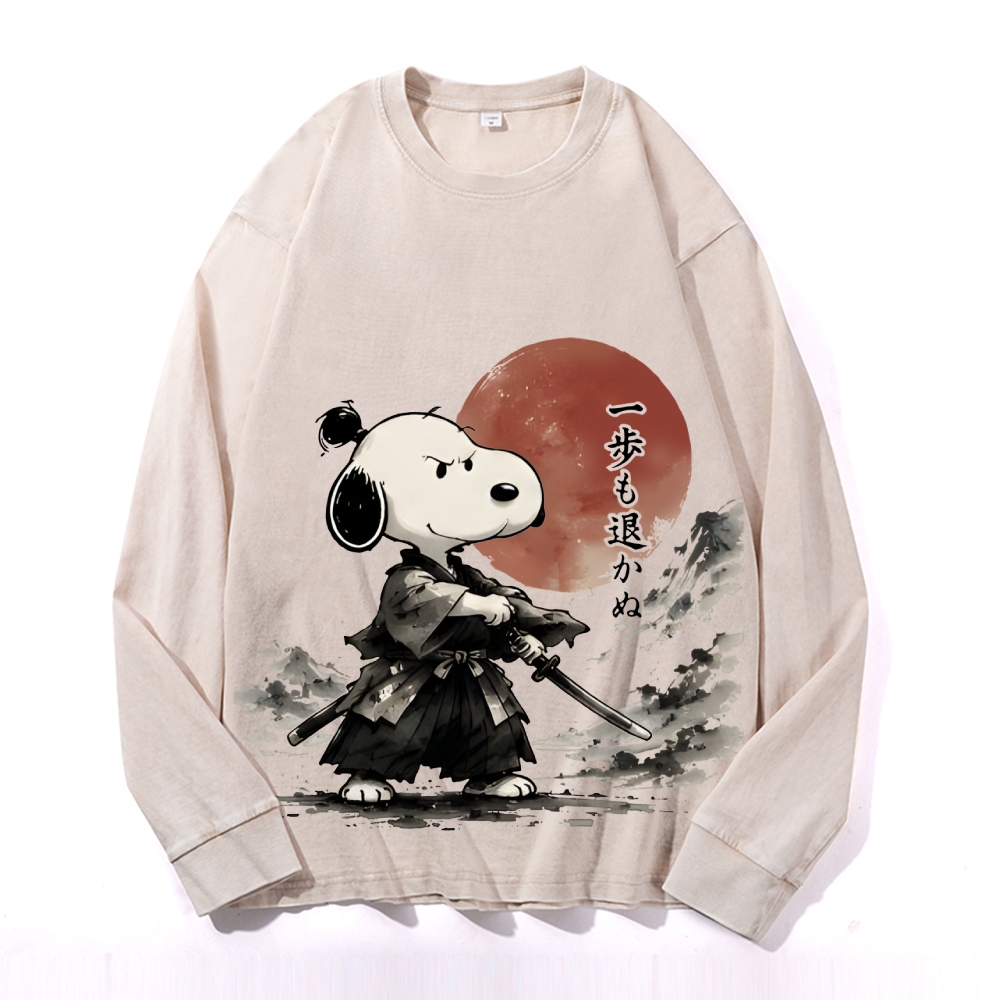 Samurai Style Peanuts Vintage Cotton Wash Crewneck Long-Sleeve T-Shirt