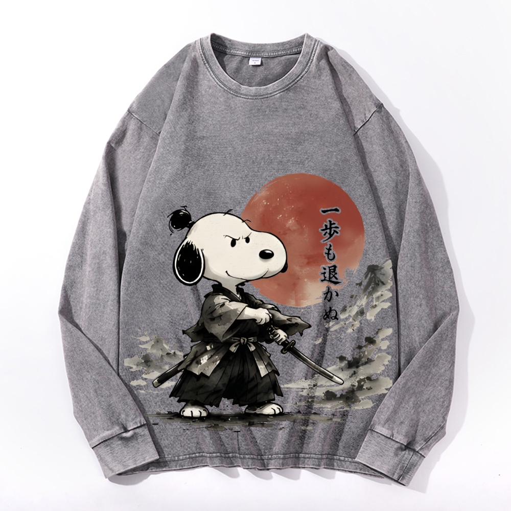 Samurai Style Peanuts Vintage Cotton Wash Crewneck Long-Sleeve T-Shirt