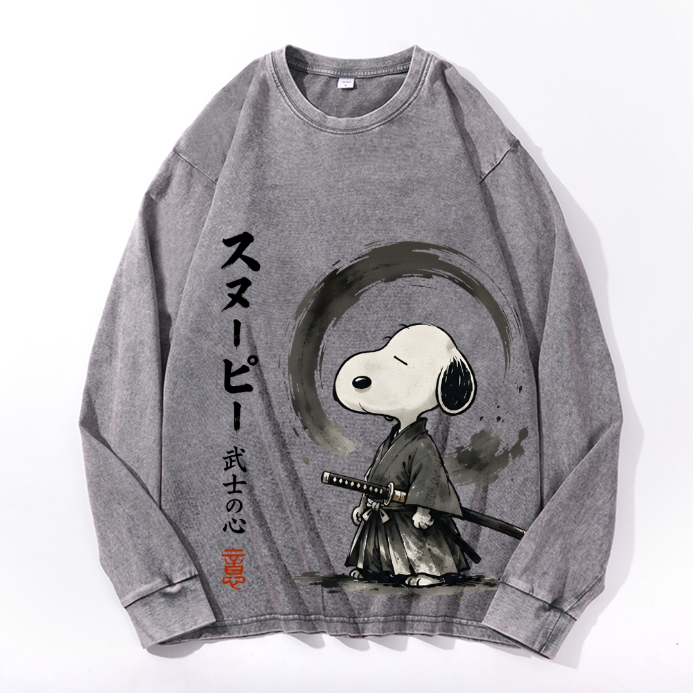 Samurai Style Peanuts Vintage Cotton Wash Crewneck Long-Sleeve T-Shirt
