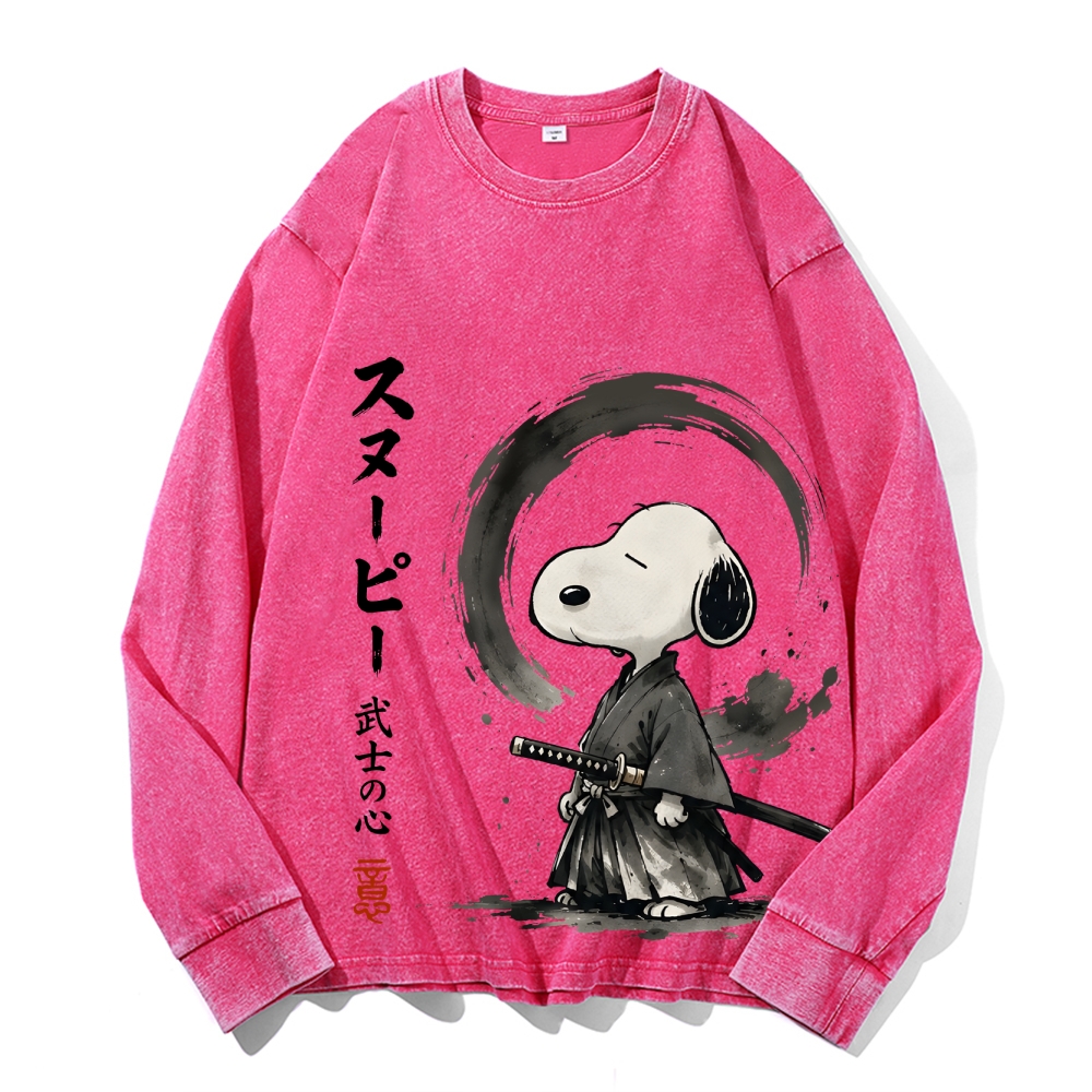 Samurai Style Peanuts Vintage Cotton Wash Crewneck Long-Sleeve T-Shirt