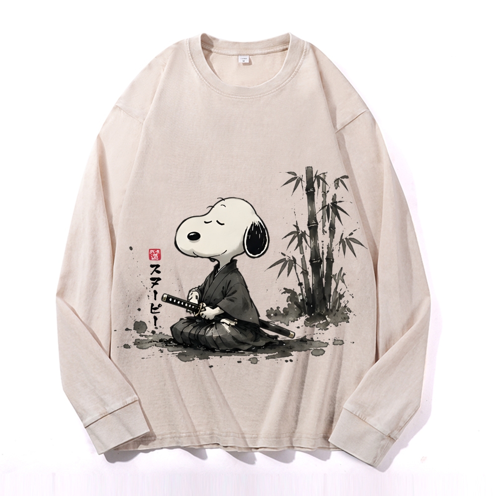 Samurai Style Peanuts Vintage Cotton Wash Crewneck Long-Sleeve T-Shirt