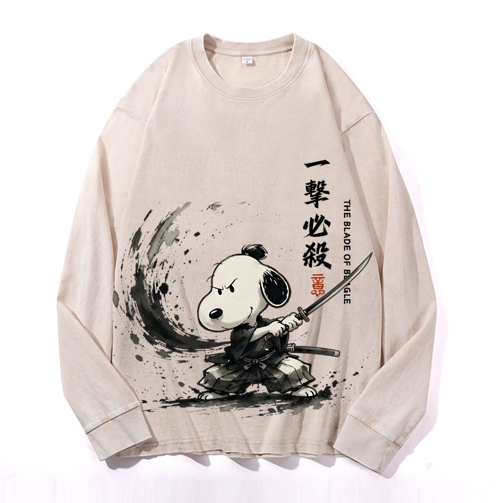 Samurai Style Peanuts Vintage Cotton Wash Crewneck Long-Sleeve T-Shirt