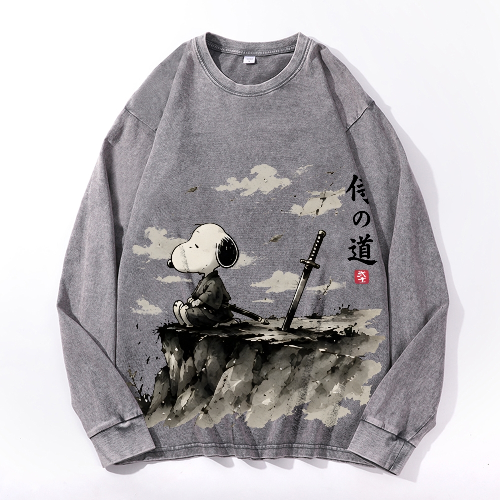 Samurai Style Peanuts Vintage Cotton Wash Crewneck Long-Sleeve T-Shirt